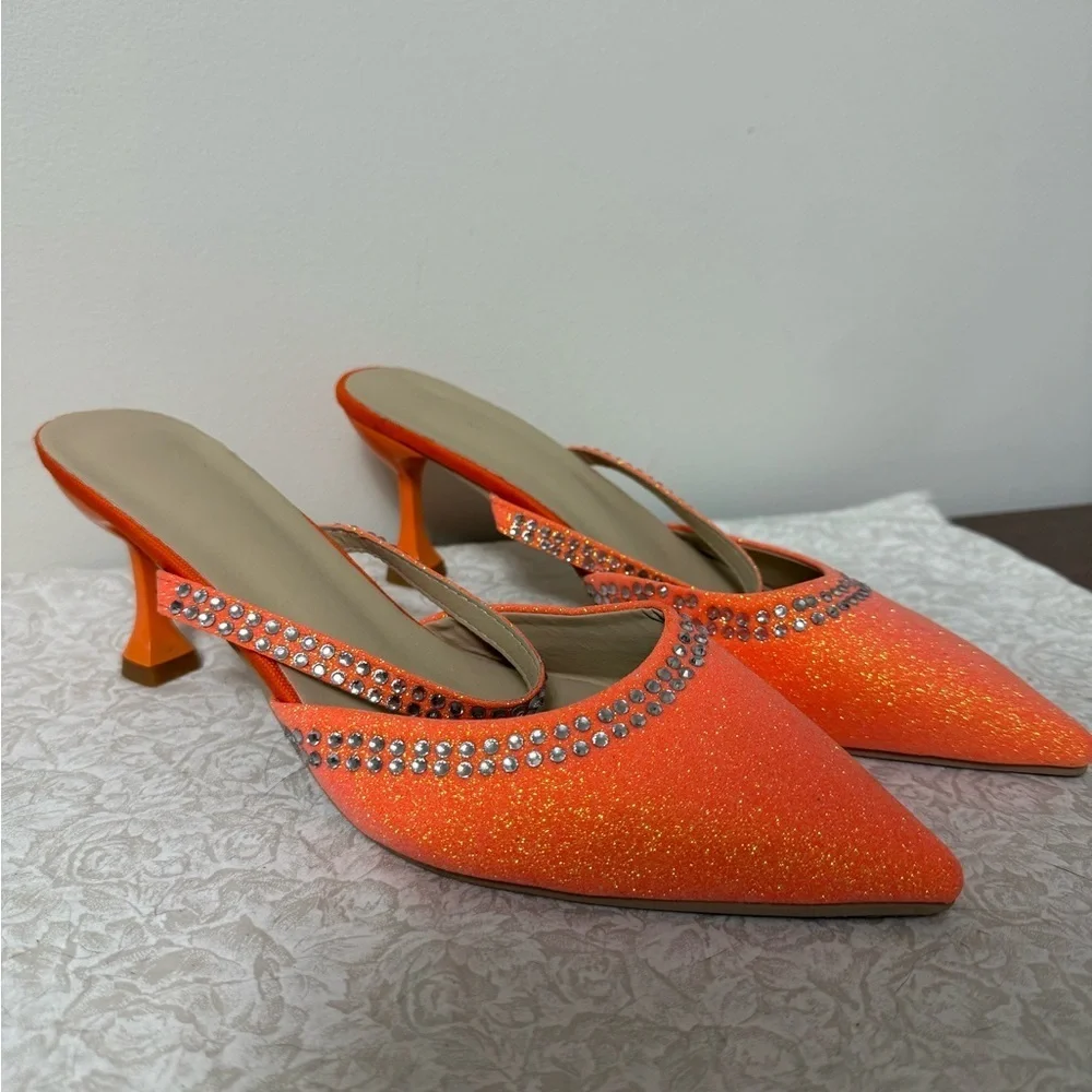 KNOCKOFF AMINA MUADDI Size 9.5 Orange Silver Glitter Mules Pumps Rhinestone Art